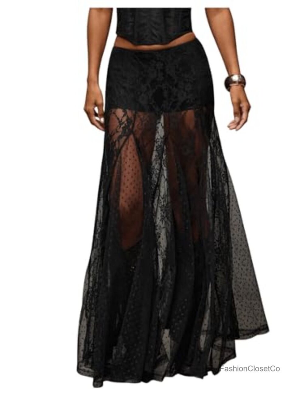 Women's Sheer Lace Maxi Skirt See Through A-Line Low Waist Elastic